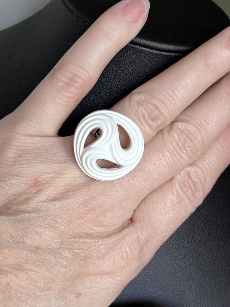 White Creamy Swirl Wire Wrapped Button Ring