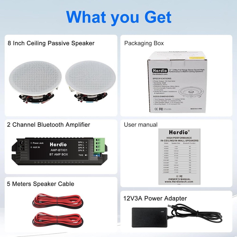 Herdio 8’’ Bluetooth Ceiling / Wall Speakers 2-Way Flush Mount Pair (200W Each)