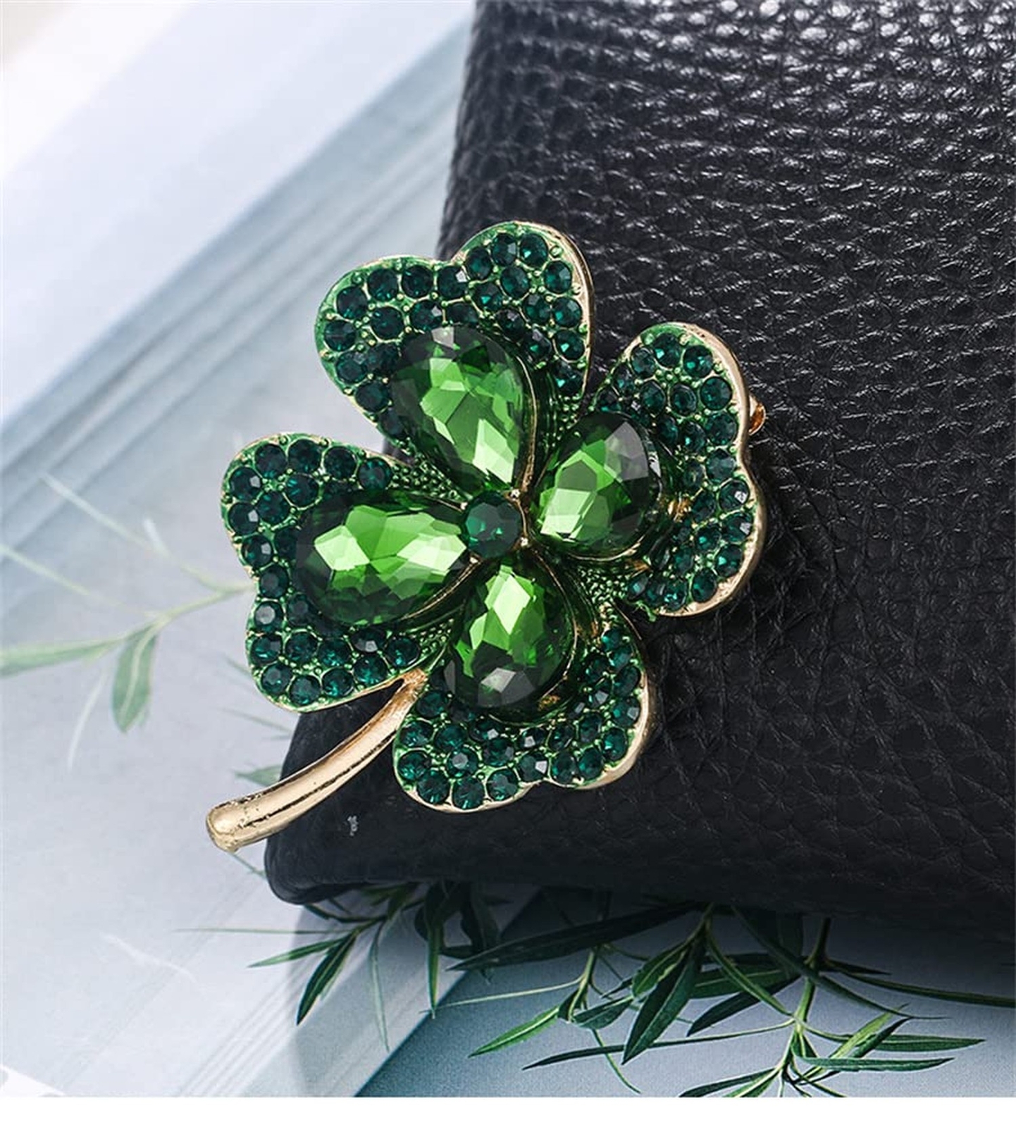 Rhinestone Green Clover Leaf Brooch Pin for Women Girls Unisex Gold Plated Vi...