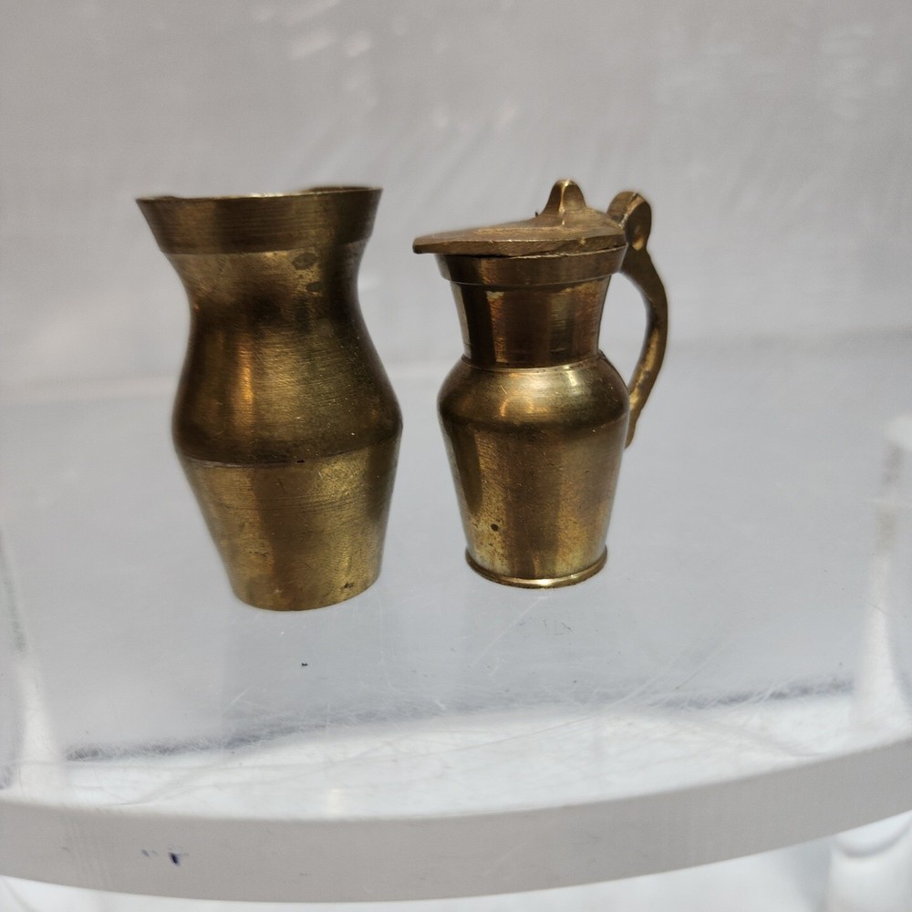 2 Vintage Miniature 2" Dollhouse Solid Brass Pitcher Set Made in India