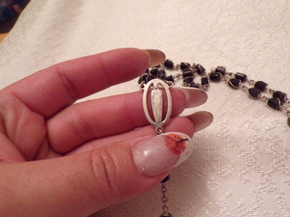 VTG Rosary Black Beaded With Silver Designs on Beads