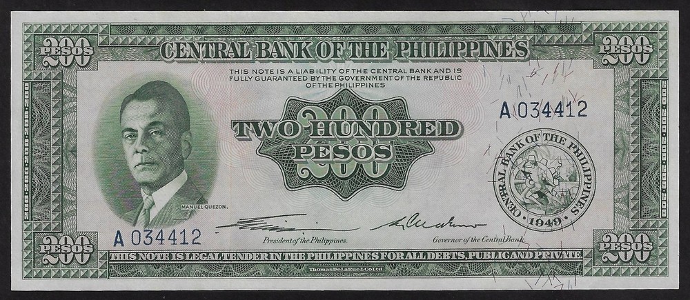 Philippines 200 Pesos, 1949,  P-140, Prefix A  GEM UNC