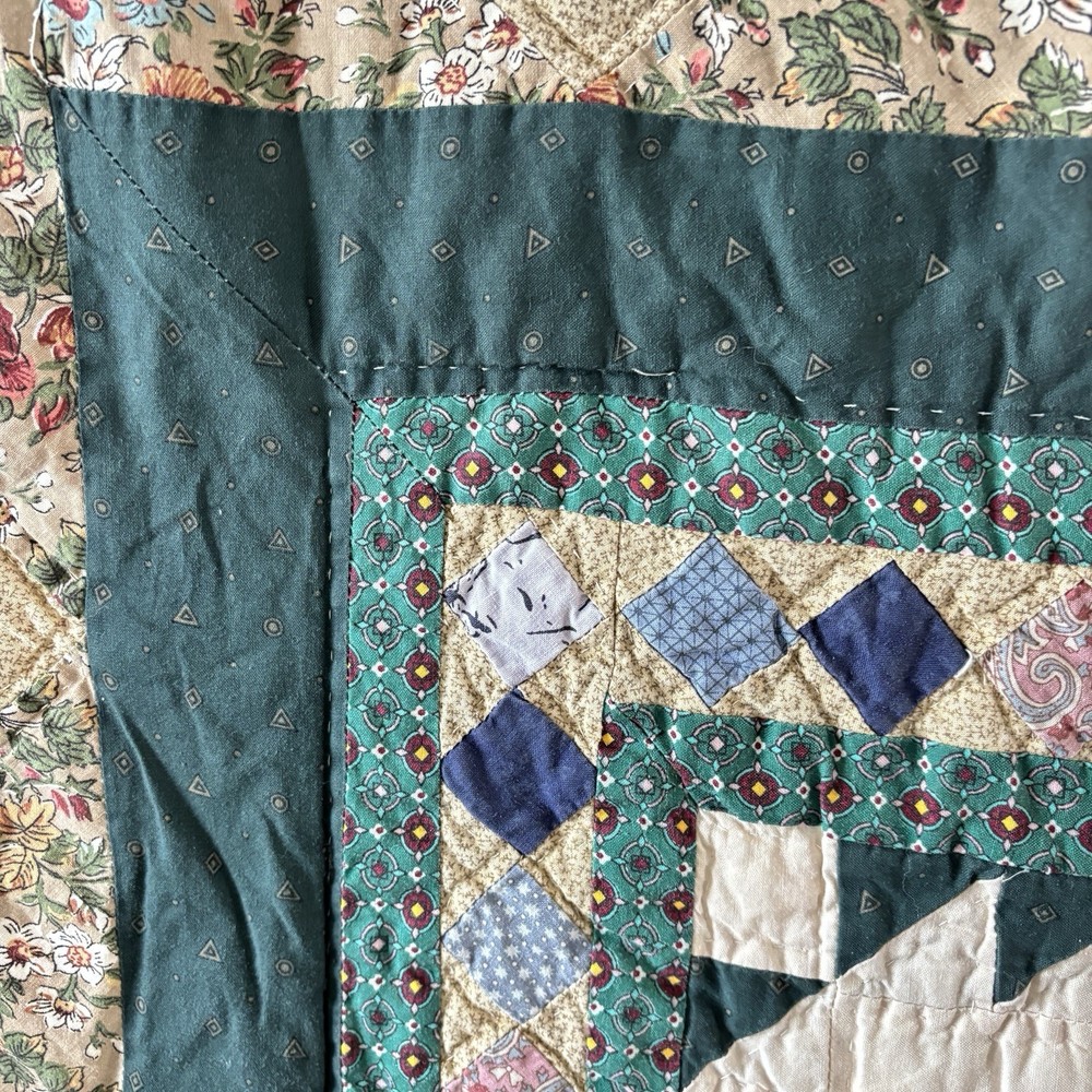 Vintage Mariner’s Compass Quilt King Size Patchwork Medallion Green Blue
