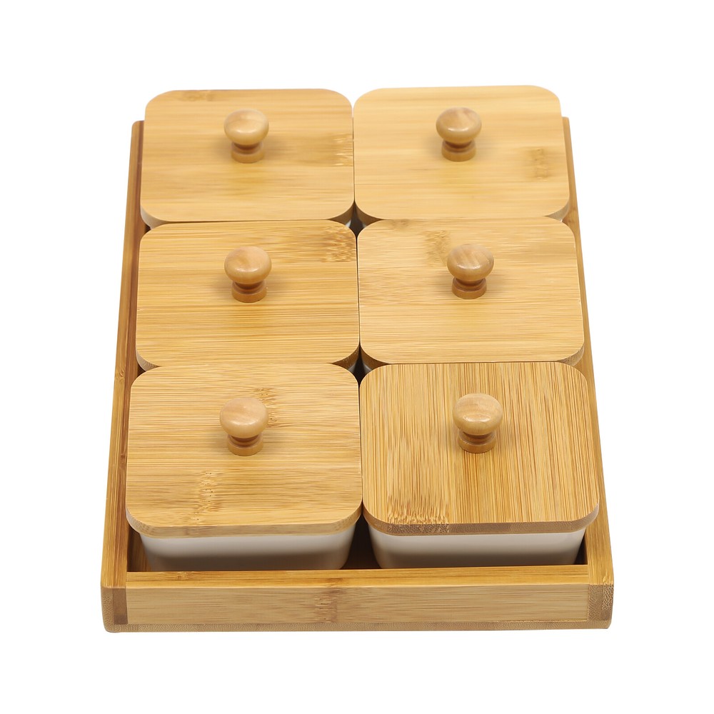 Ceramic Snack Serving Tray Set with Bamboo Lids - 6 Piece Platter
