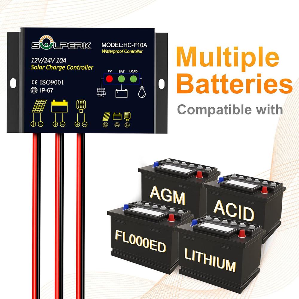 10A Solar Charge Controller Waterproof Solar Panel Controller 12V/24V PWM Solar