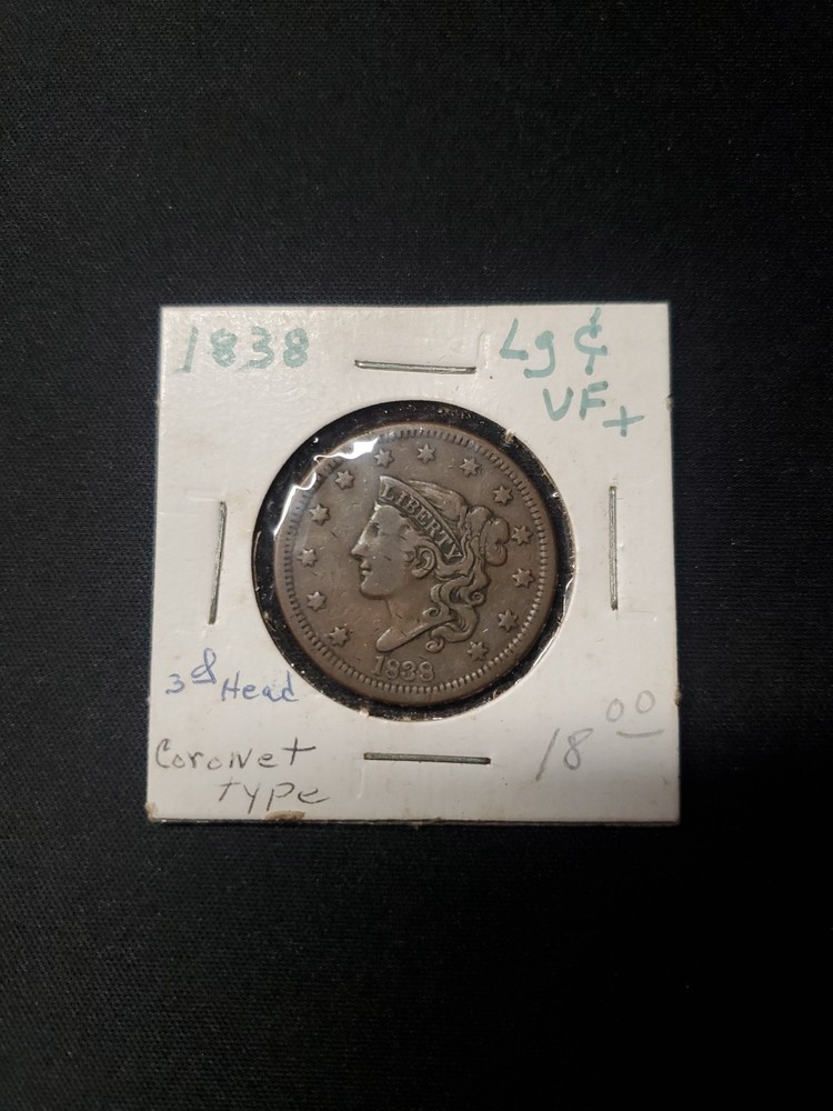 1838 US LARGE CENT Coronet Head VF