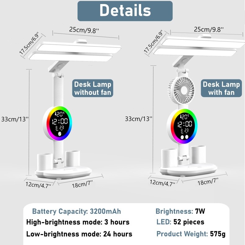 Foldable LED Desk Lamp Reading Light W/ Stepless Brightness & Time Display USB