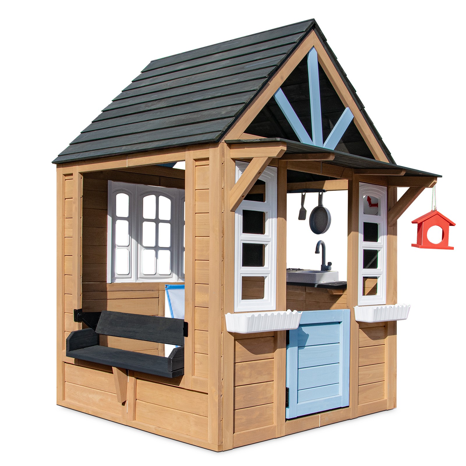 Wooden Kids Outdoor Playhouse with Window,Bench,Toy Kitchen,Flowerpot,Blackboard