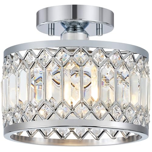 Crystal Ceiling Light, Modern Semi Flush Mount Ceiling Lighting 9in Chrome