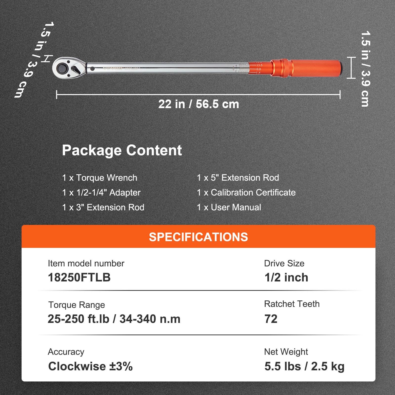 VEVOR Torque Wrench 1/2inch Drive 25-250ft.lb/34-340n.m Torque Wrench Set