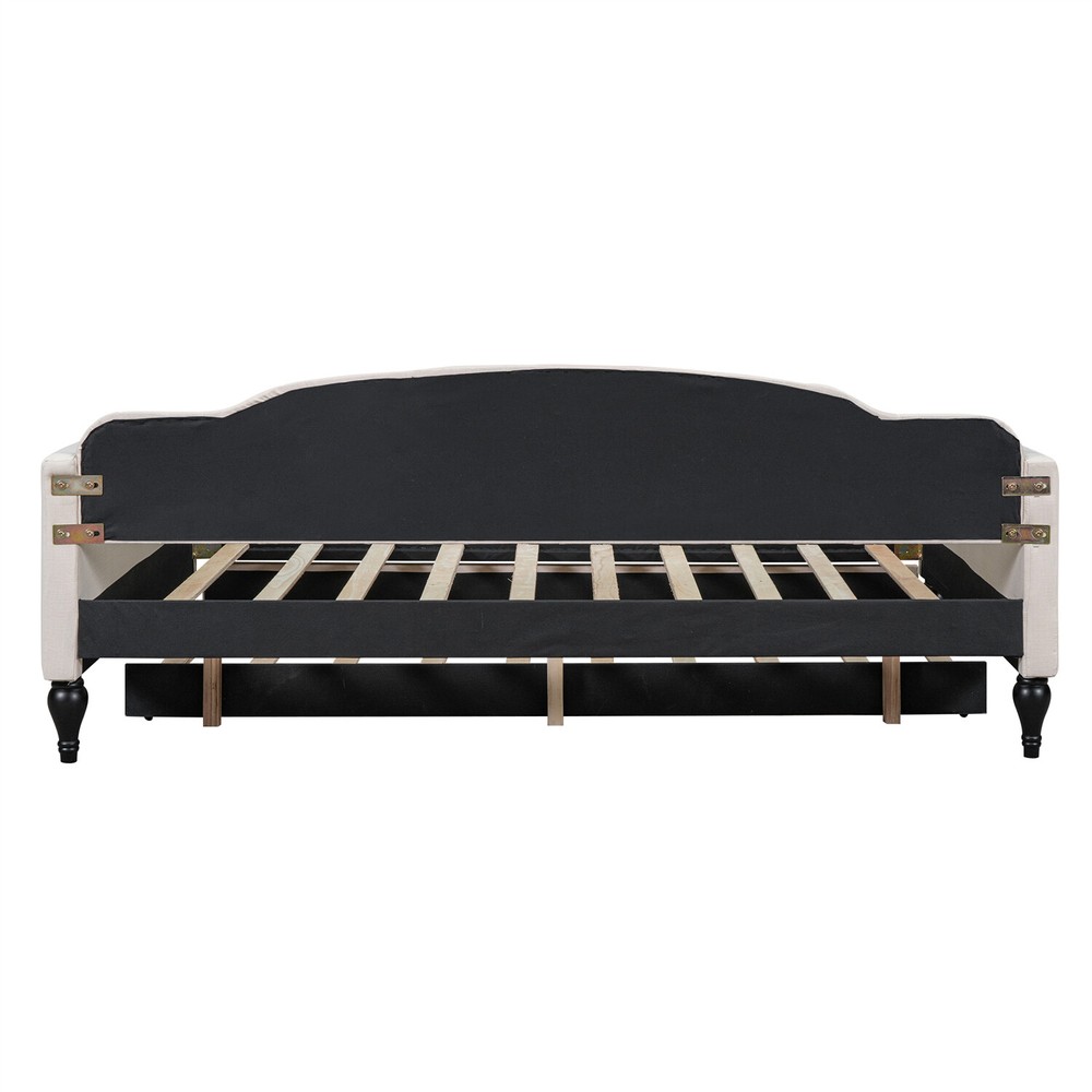 Full Size Daybed with Pull Out Trundle Bed Upholstered Bed Frame Sofa Bed Beige