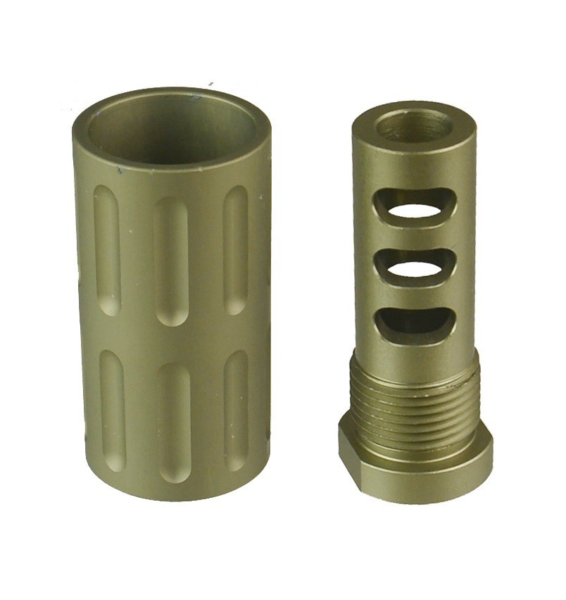 Aluminum Anodized Tan 1/2x28 TPI Muzzle Brake With 13/16x16 TPI Forwarde 9MM