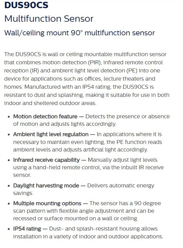 Philips Dynalite DUS90CS Wall/ceiling Mount 90° Multifunction Sensor