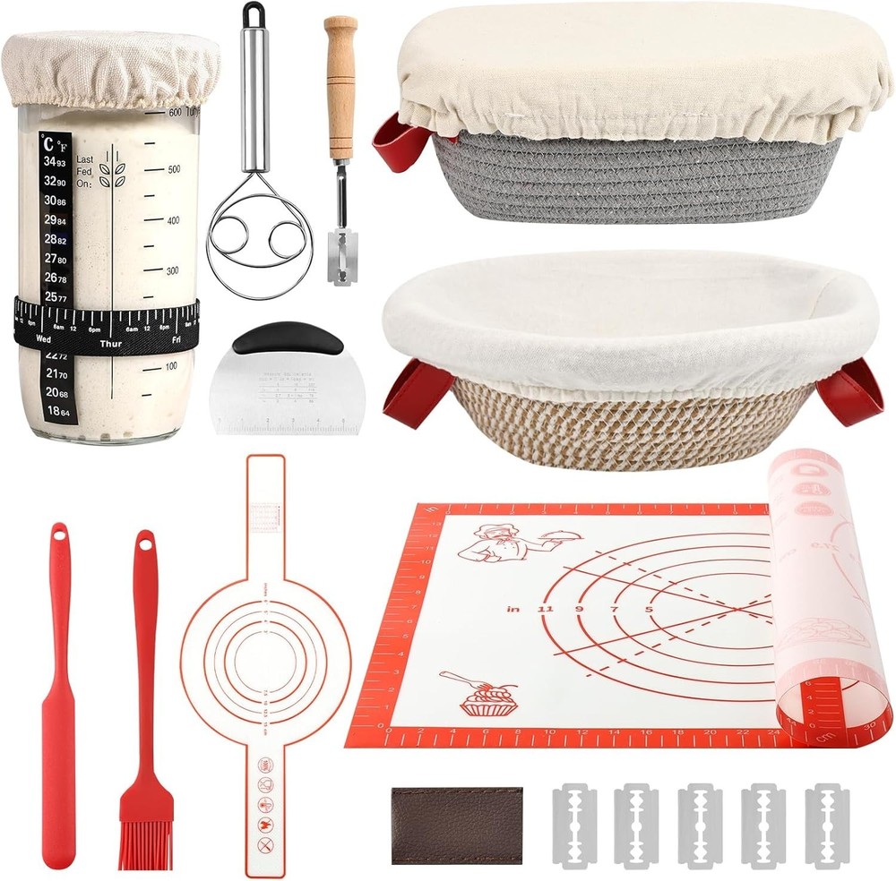 Rustic 14pcs Sourdough Starter Kit: Round & Oval Baskets with Baking Essentials
