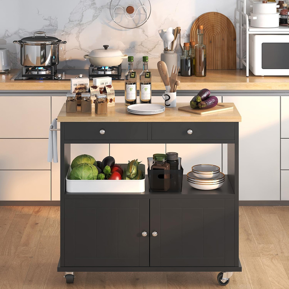 Portable Rolling Kitchen Island with Storage, 2 Drawers & Lockable Wheels