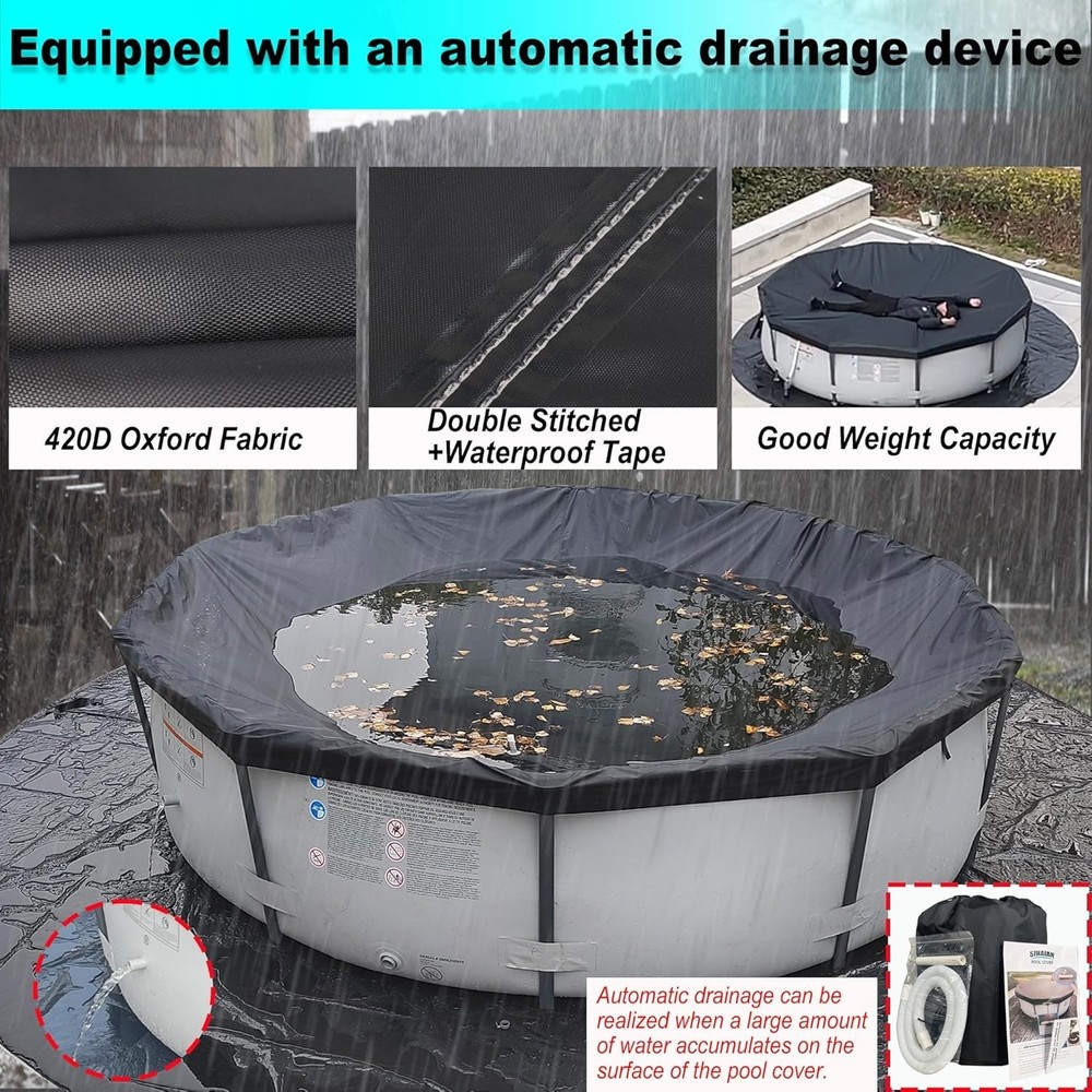 24 Ft Pool Cover, with Automatic Drain Round Pool Cover, One-Piece Quick Install