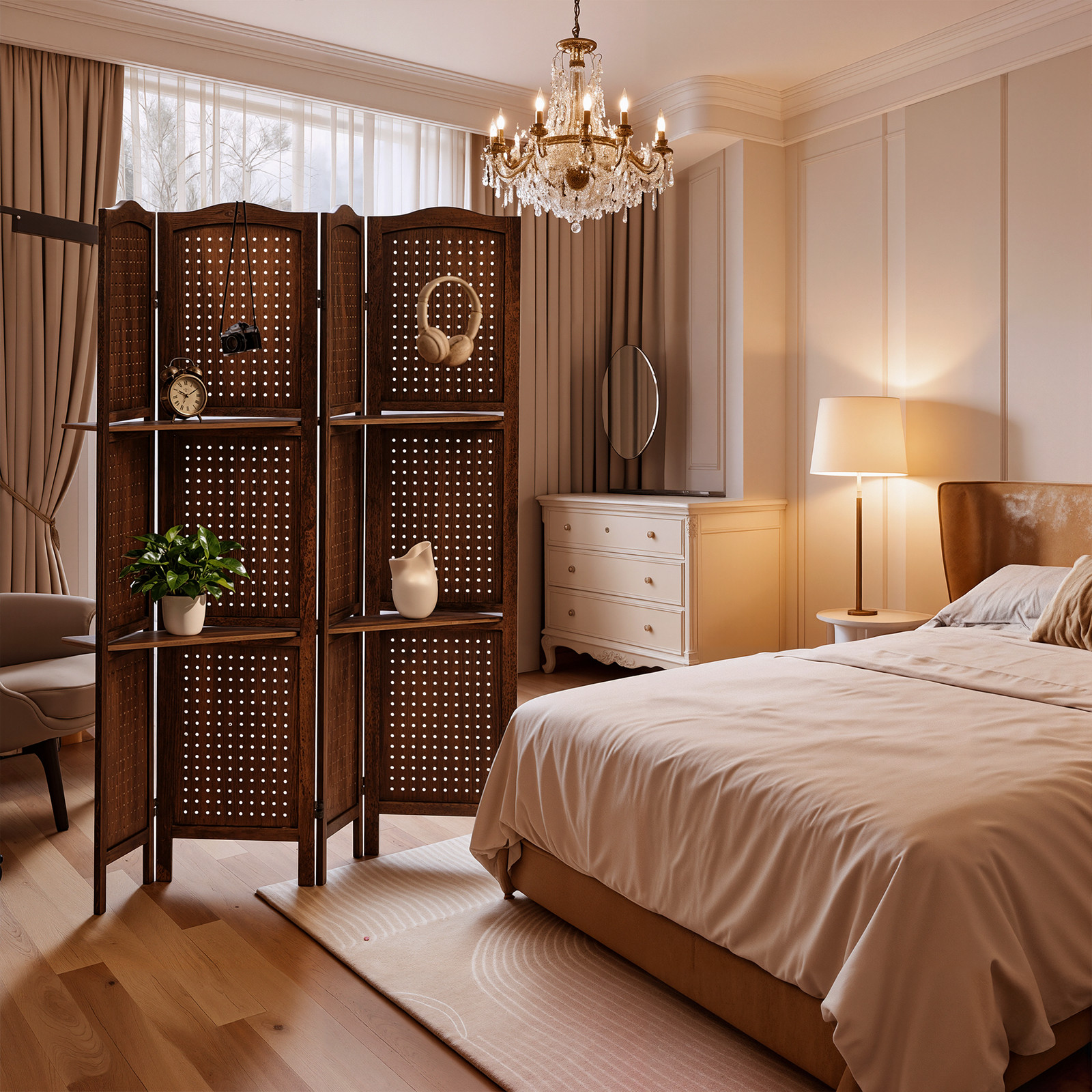 67" H Wood Room Dividers 4 Panel Pegboard Display Folding Privacy Screens Brown