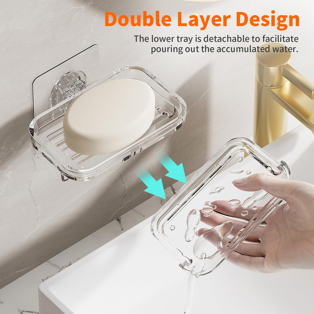 Bar Soap Dish 2 Pack,Self Draining Holder for 4, 2 Pack Clear