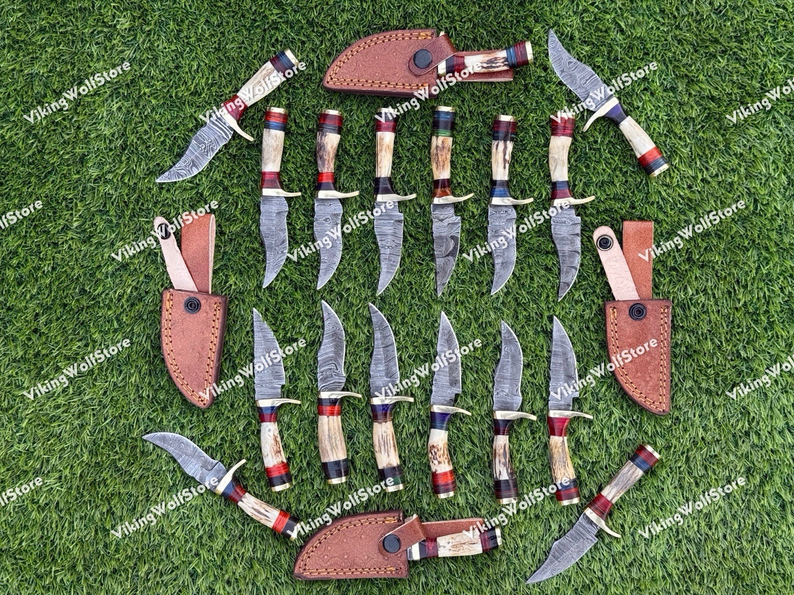 LOT OF 20PCS, 6'' INCH SKINNER KNIFE STAG HORN HANDLE HANDMADE DAMASCUS W/SHEATH