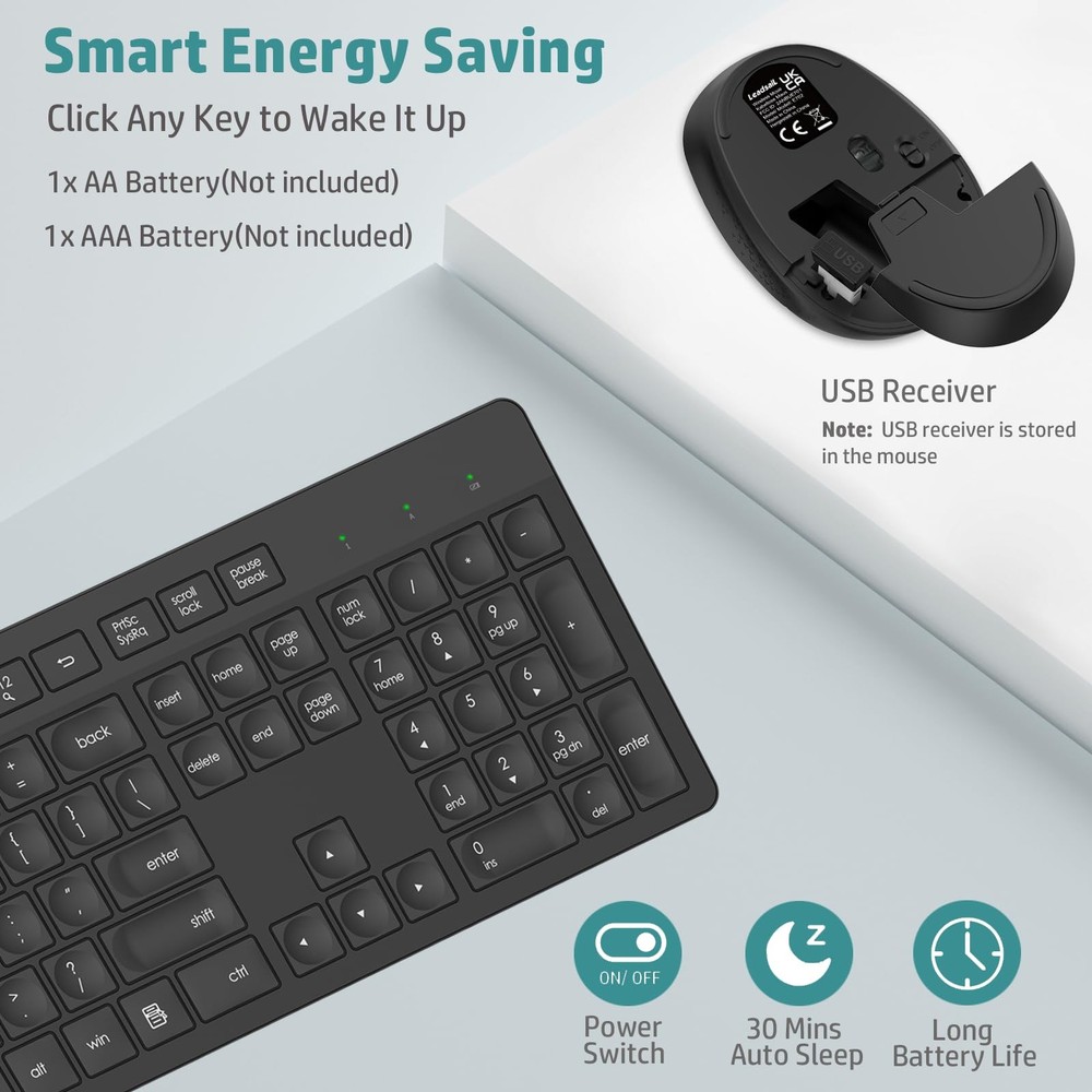 LeadsaiL Wireless Keyboard and Mouse Combo, Full-Sized Ergonomic Computer Keyboa