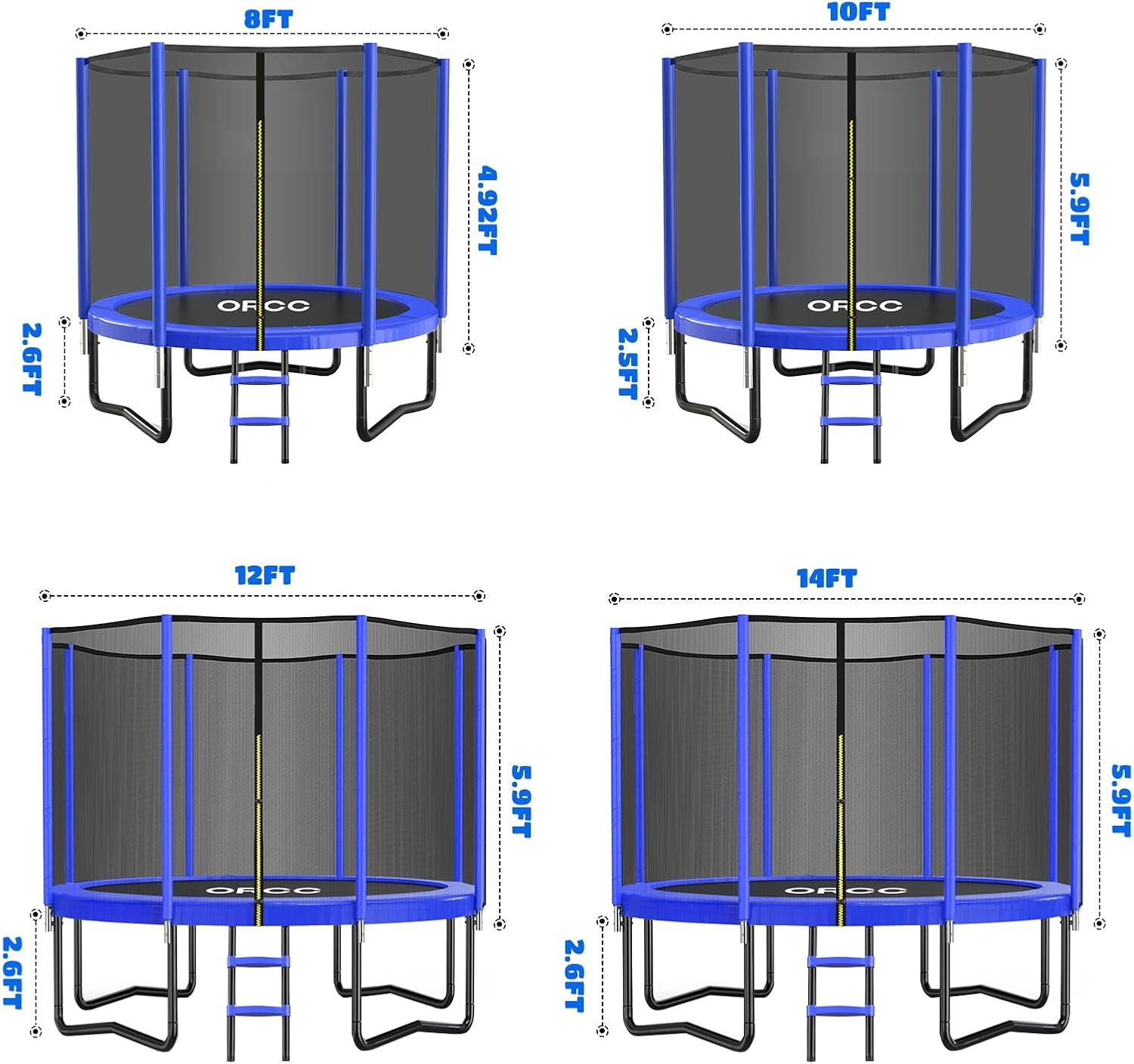 ORCC Trampoline 8FT 10FT 12FT 14FT, Outdoor Tramp with Enclosure Net, 410LBS Yar
