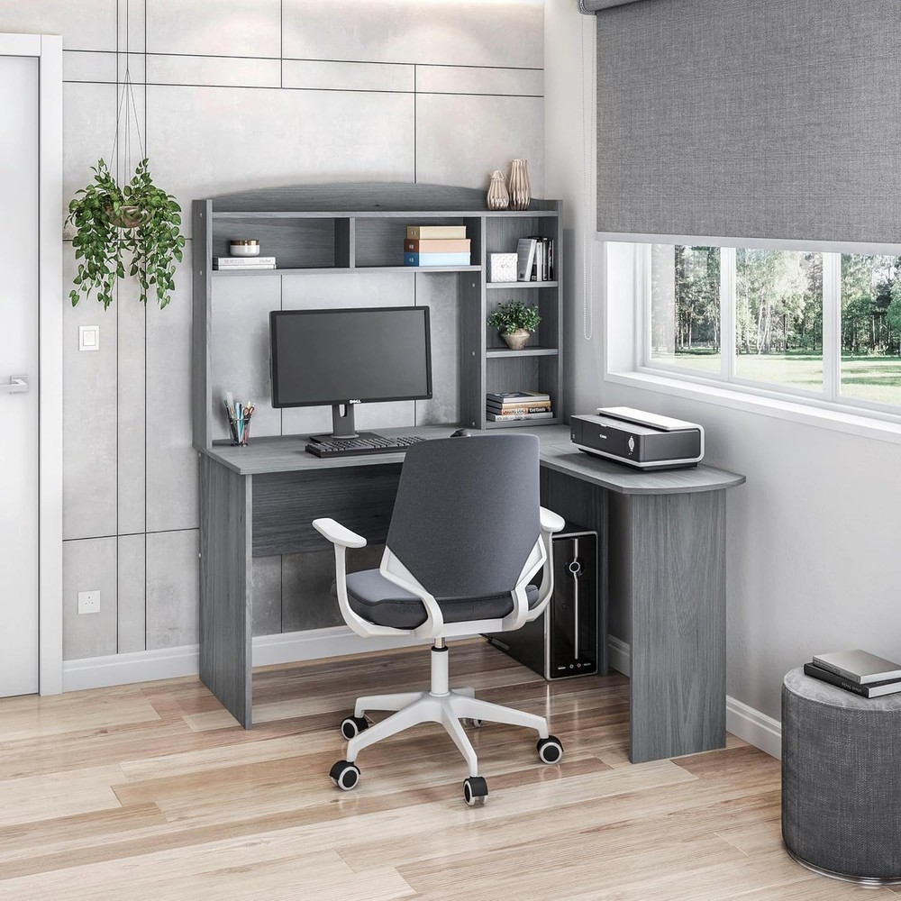 Modern Hutch L-Shaped Computer Desk Grey