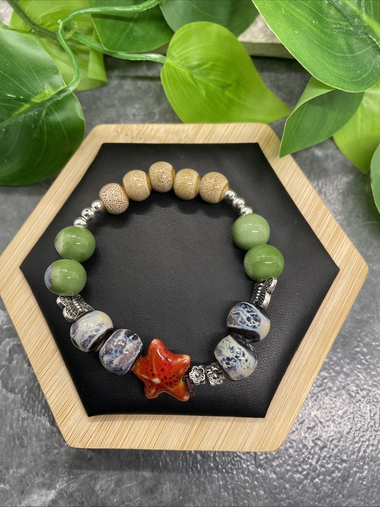 Handmade Ceramic Bead Beaded Stackable 6” Plus Stretch Bracelet New B252
