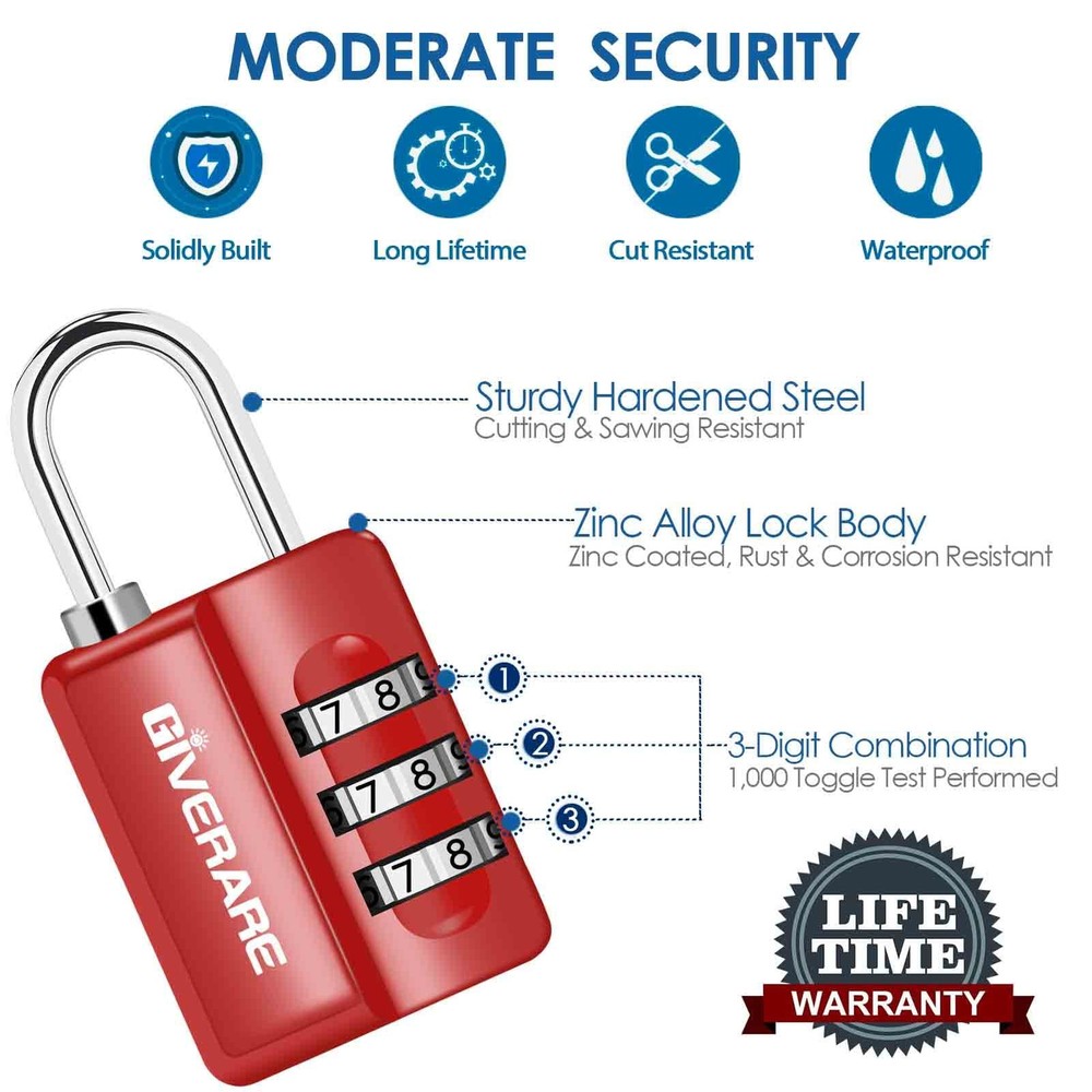 4 Pack Combination Lock, 3-Digit Padlock Keyless, Resettable Luggage Locks for