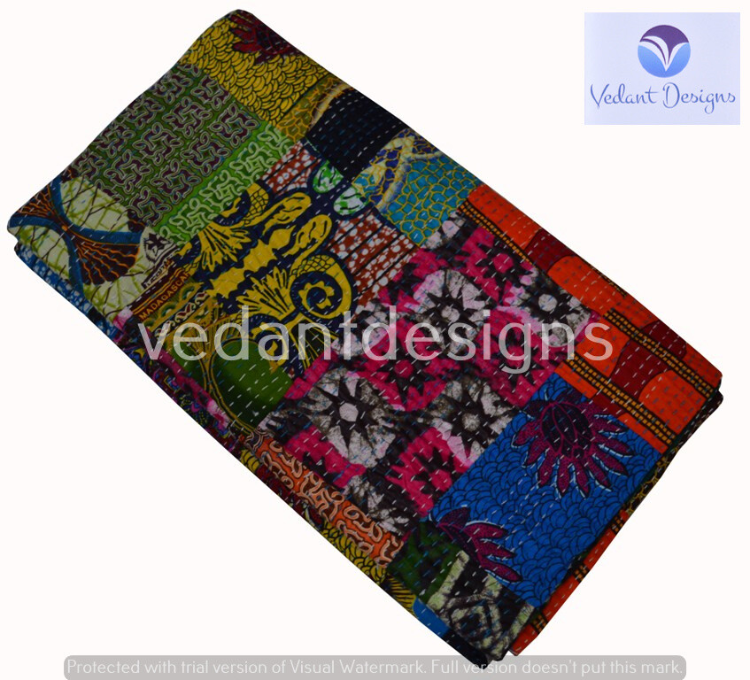 Handmade Patchwork Kantha Embroidery Double Blanket Throw Indian Bedspread
