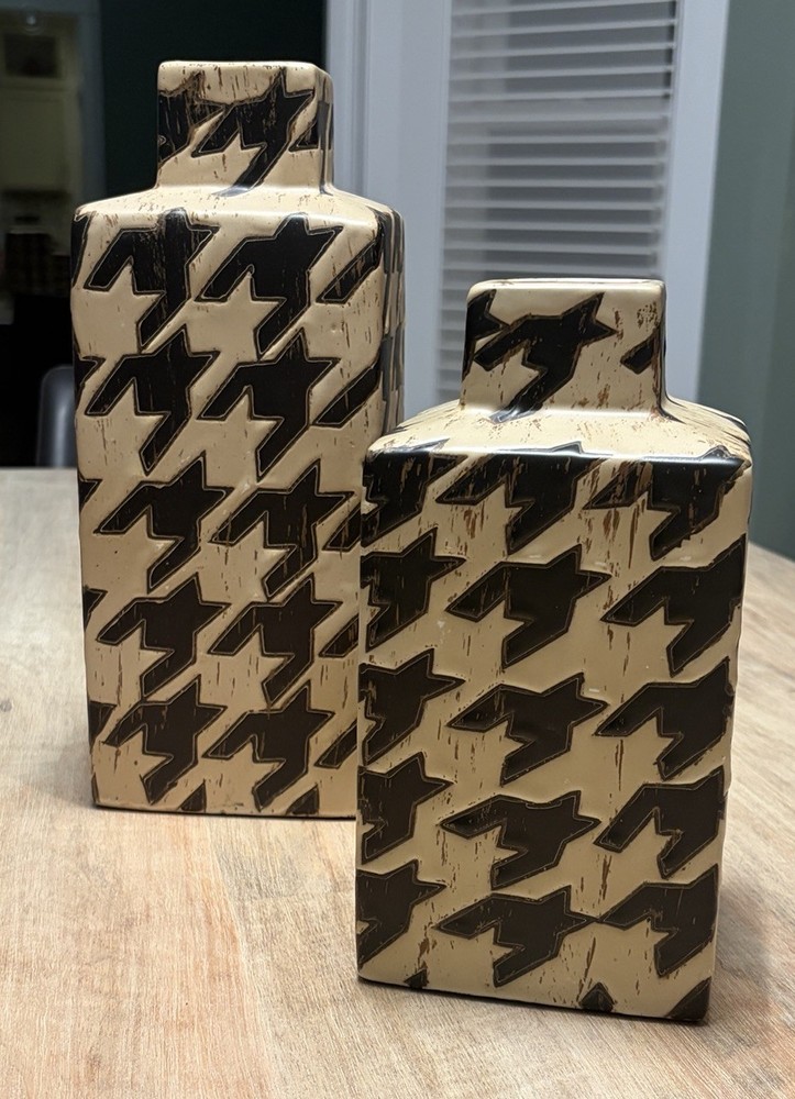 Two (2) Houndstooth Square Ceramic Vases