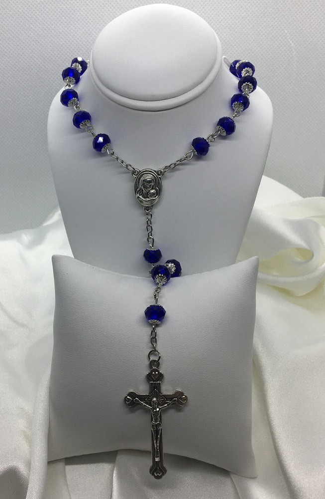 Catholic Blue Crystal Bead Rosary Virgin Mary & Child with Crucifix New 2335