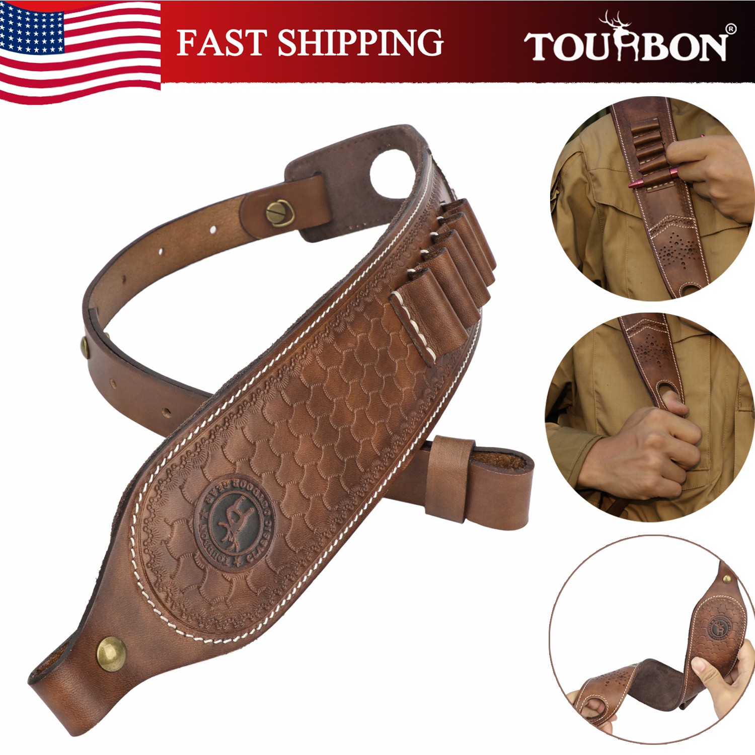 TOURBON 2 Points Genuine Leather Gun Sling Rifle Ammo Carry Strap Rest Hole US