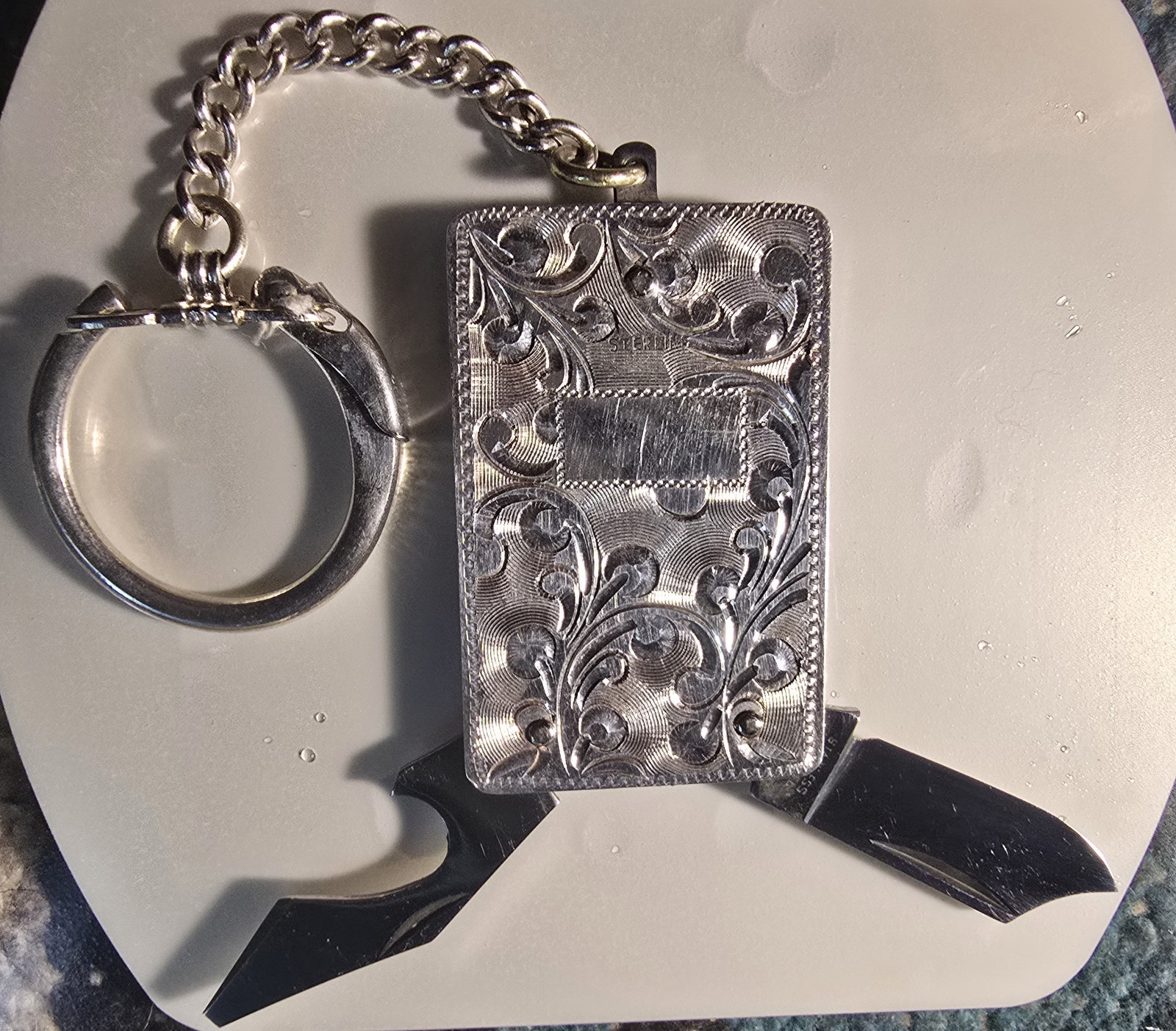 Vintage Engraved Sterling Silver Pocket Knife Keychain Bottle Opener