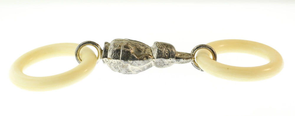 Antique Peter Rabbit Silverplate & Bakelite Baby Rattle & Teething Ring