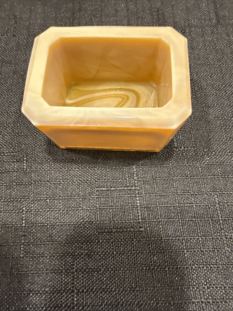 Vintage Rectangular Open Salt Dip Signed E.E. With Beveled Corner Golden Agate