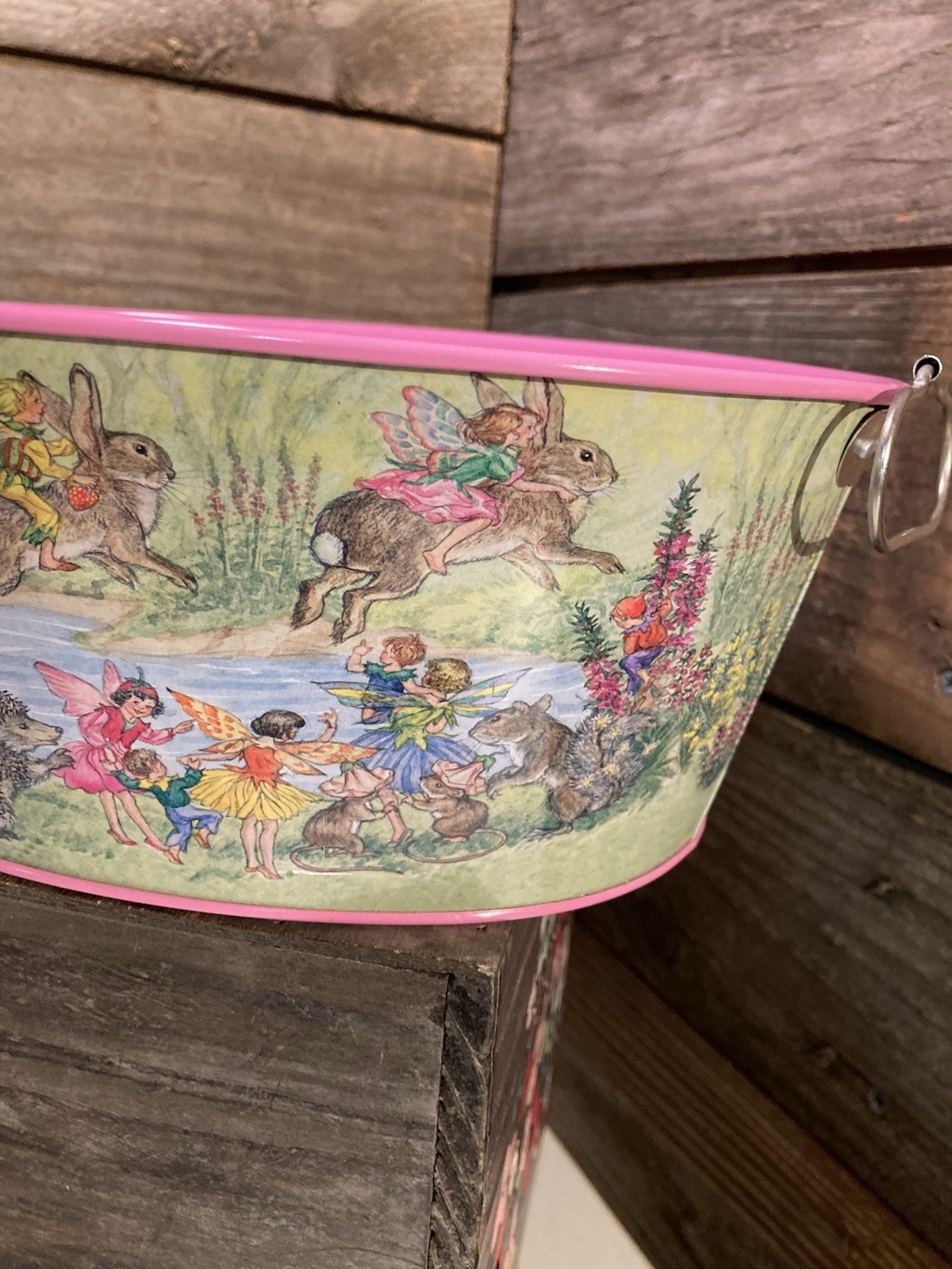 VTG Metal Easter Tin W/ Handles By Schylling 1996 Fairies Flowers