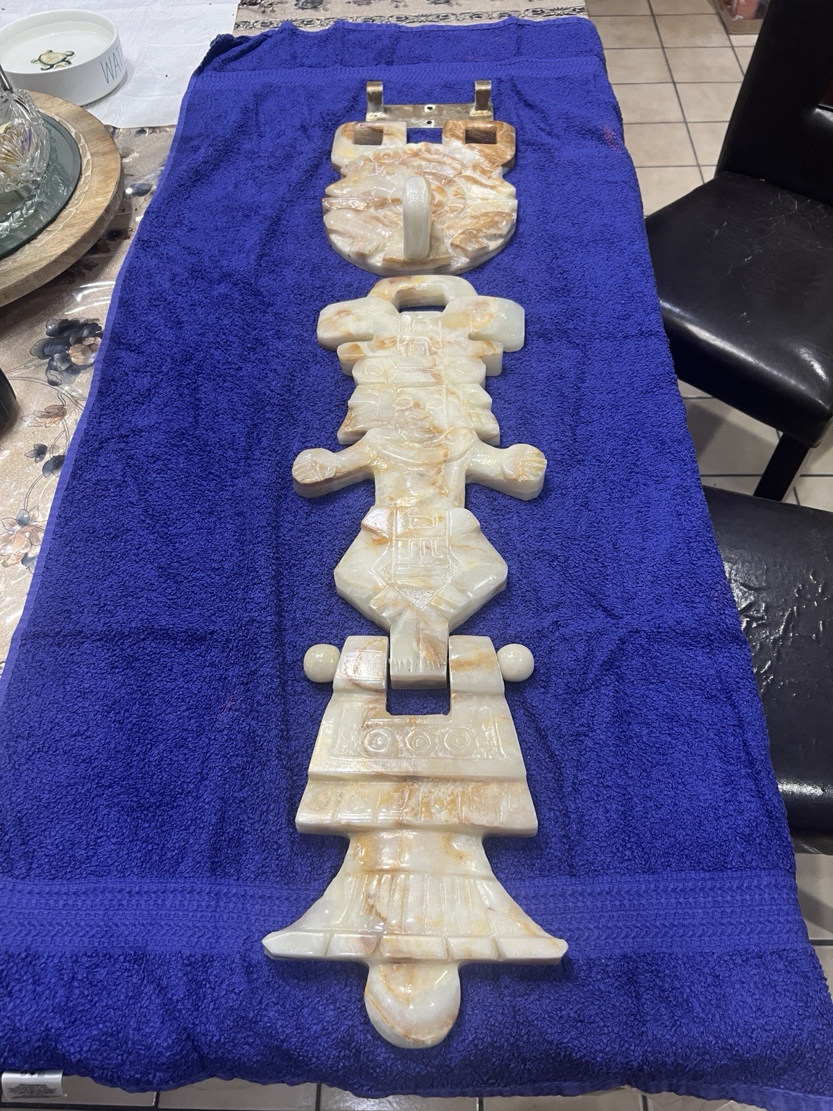 Aztec Mayan Marble/Onyx Large Stone Hand Carved Wall Hanging 33” Long W/bracket