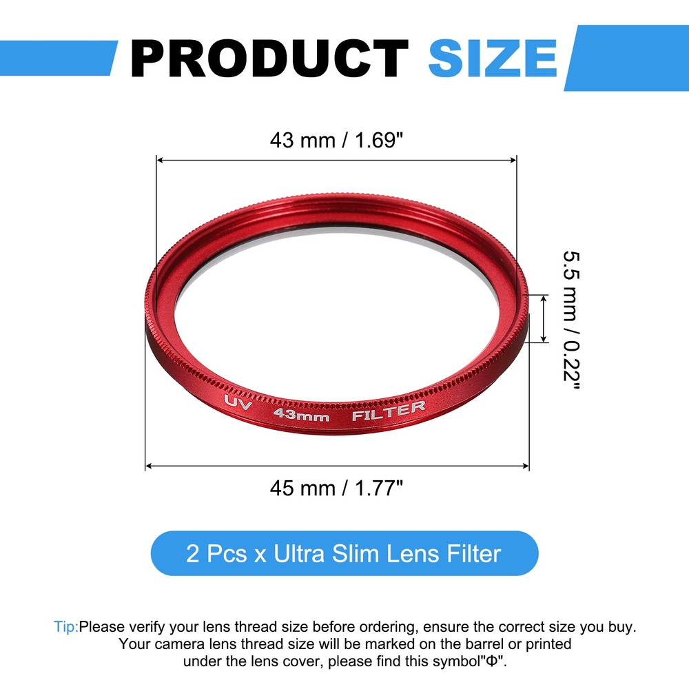 2Pcs 43mm Ultra Slim Lens Filter Multi Coating Camera Len Filter, Red