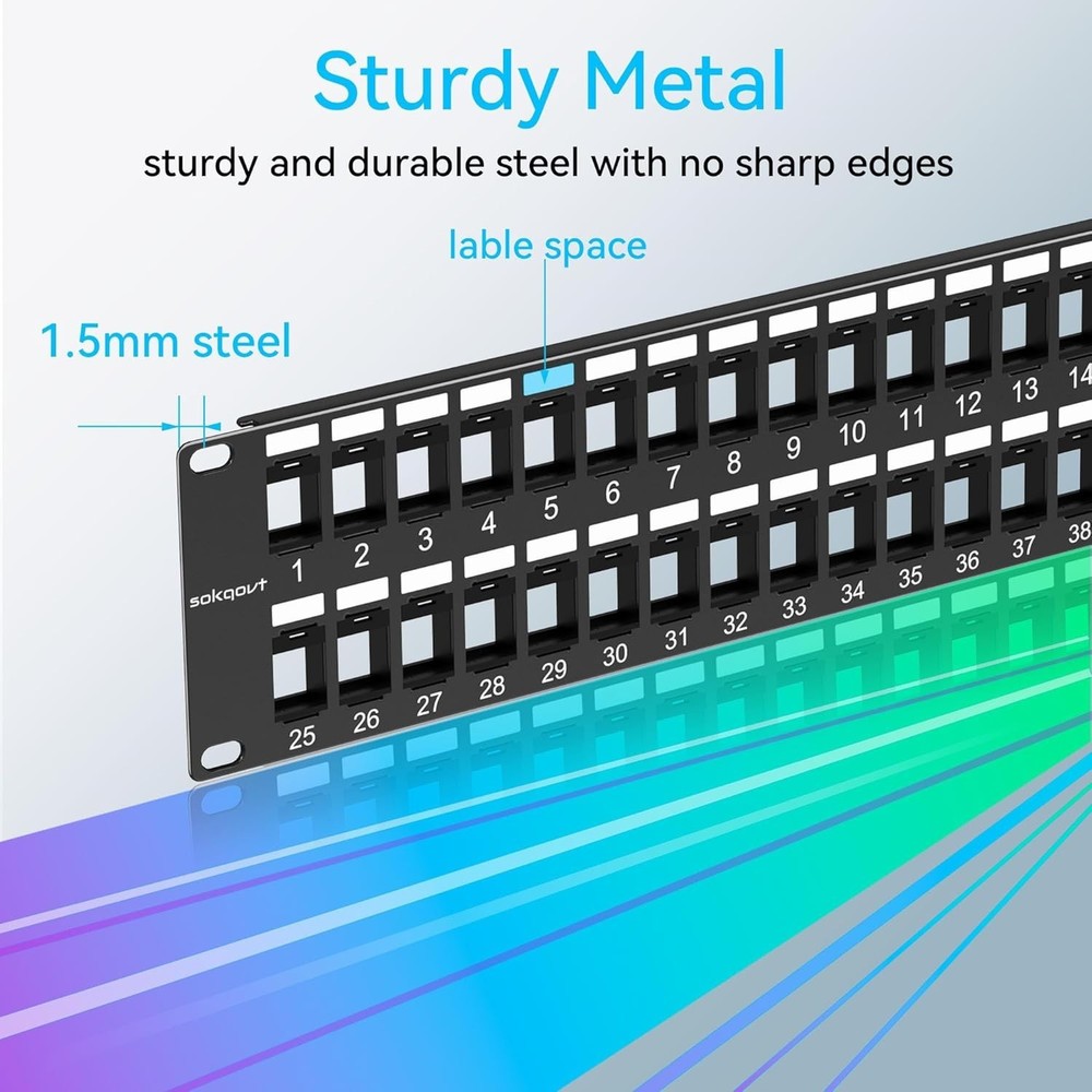 48 Port Blank Keystone Patch Panel with Snap-in Design, Cat6 Network 48