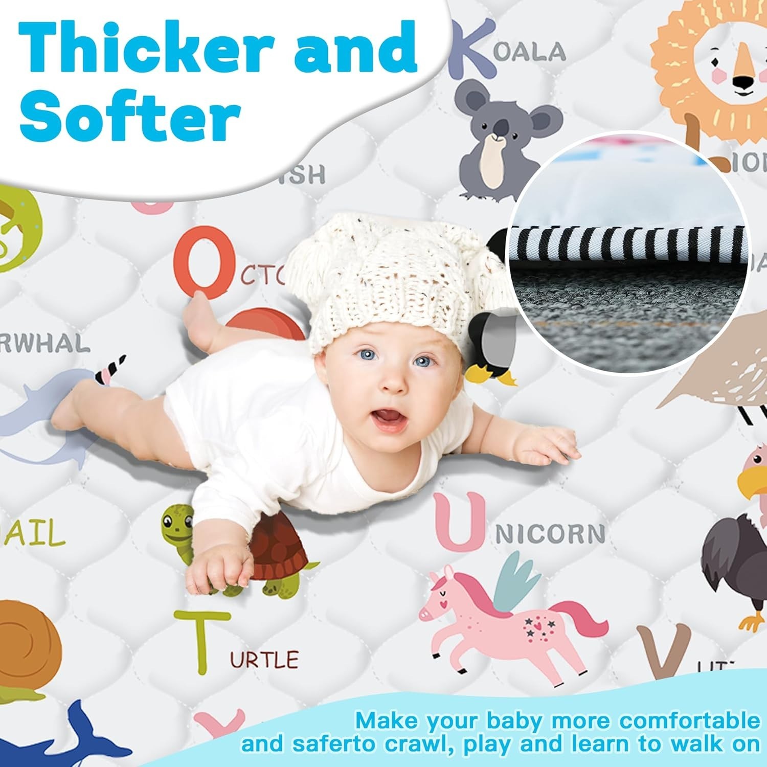 Portable Foldable Baby Play Mat - 50" x 50" Animal Alphabet Crawling Surface