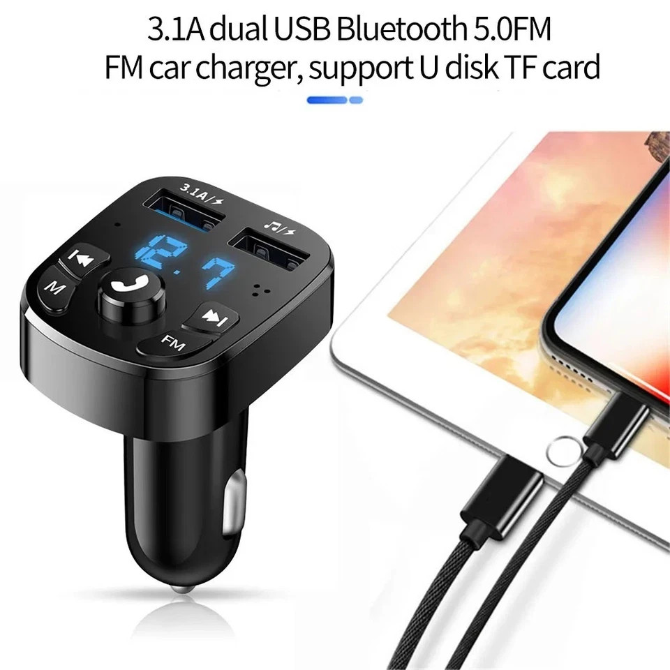 Bluetooth 5.0 Car Wireless FM Transmitter Adapter 2USB PD Charger AUX Hands-Free