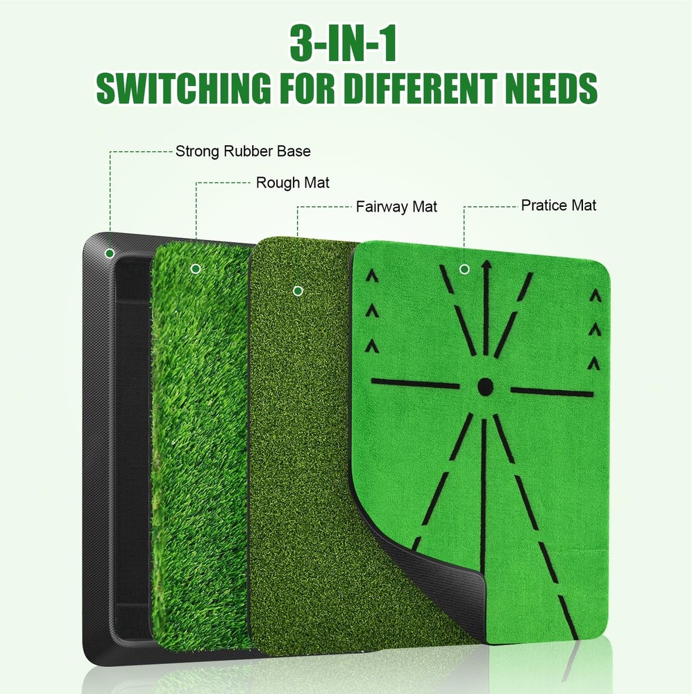 3 in 1 Golf Hitting Mat with Clear Swing Path Feedback 13 * 17in Replaceable ...