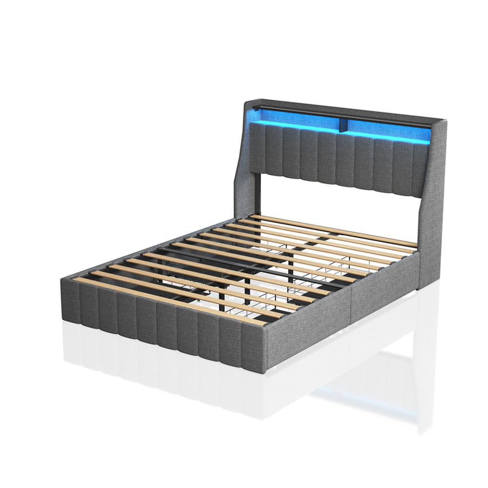 Queen Size Bed Frame Upholstered Platform Bed w/ LED Light Headboard & 4 Drawer