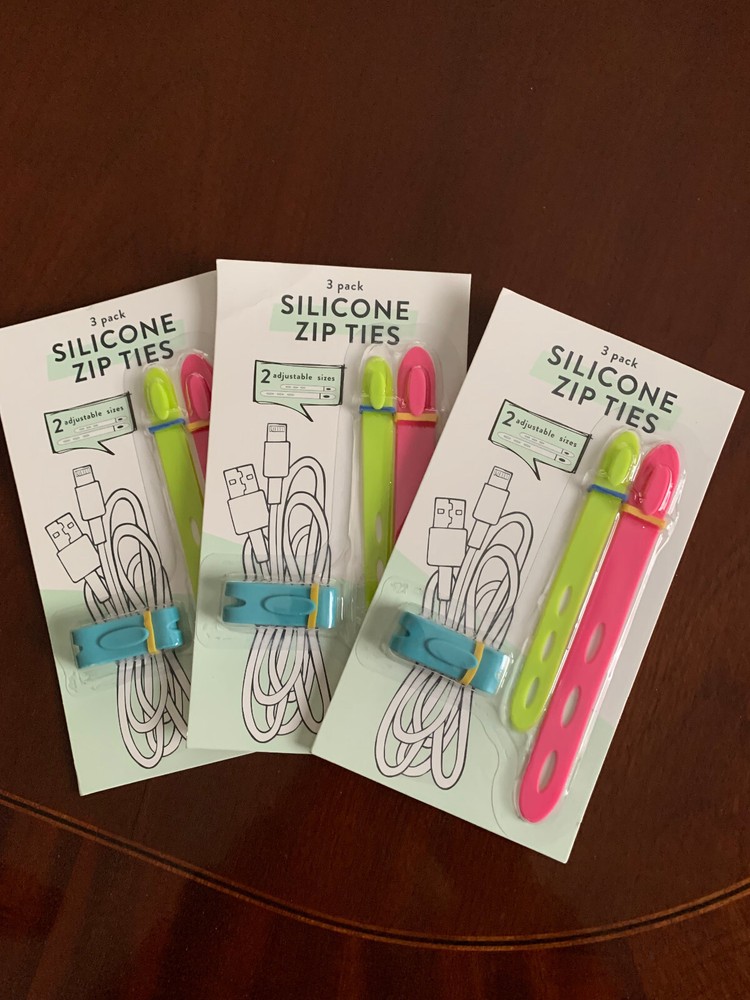 Three (3) pack silicone zip ties, 2 large, 1 small, blue, yellow, pink