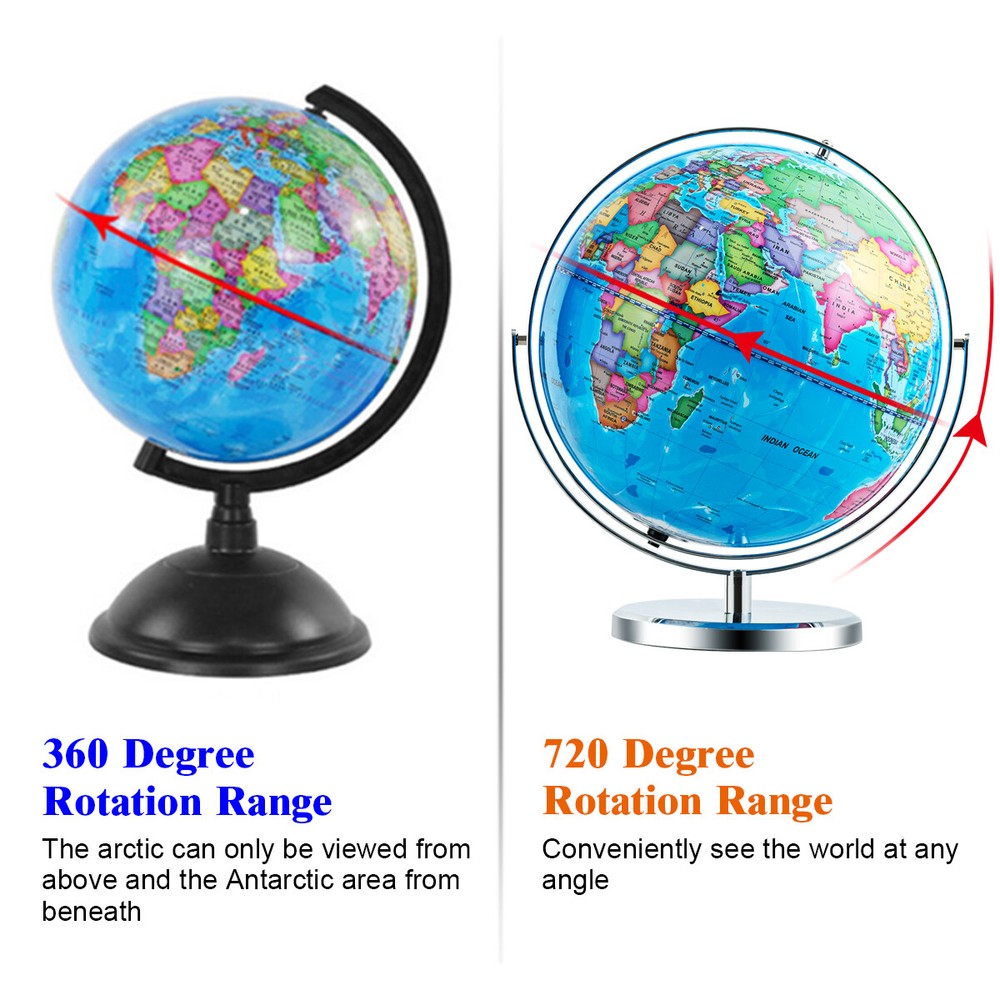 13" Illuminated World Globe 720° Rotating Study Cartography Map W/ LED Light