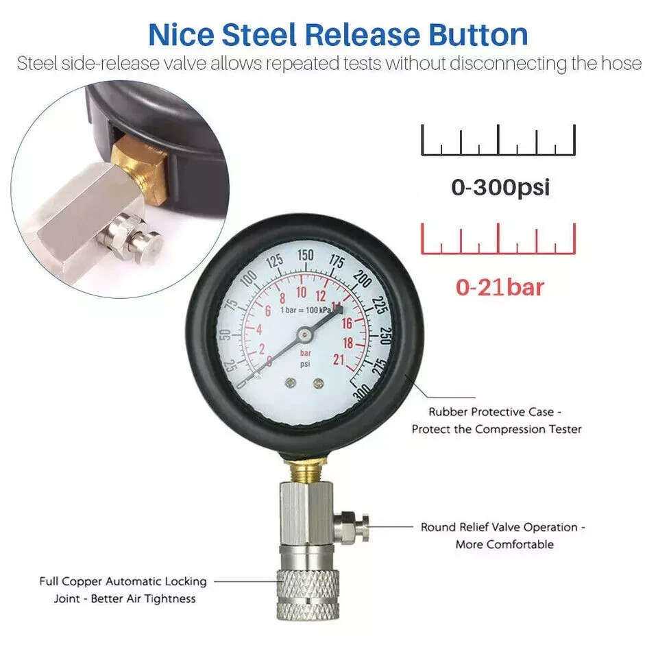Engine Cylinder Compression Gauge Tester Kit Gas Engine Diagnostic Testing Tool.