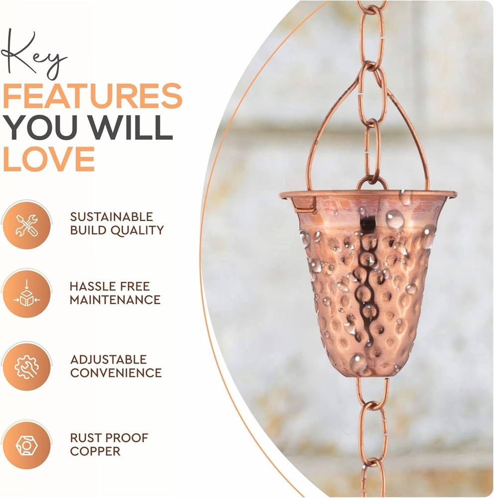 Stunning 6.5ft Copper Hammered Rain Chain - Elegant Water Diversion Solution