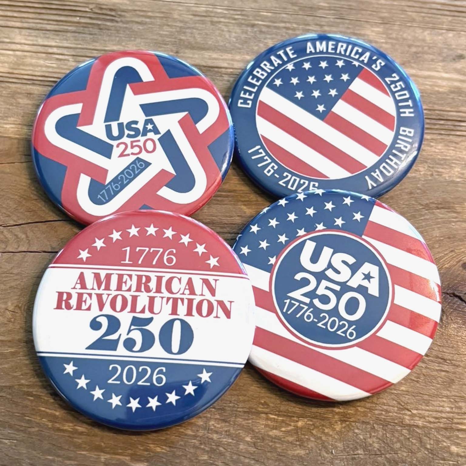 USA 250 - 25-pack Buttons - Revolution Assorted Designs 1776-2026 250th