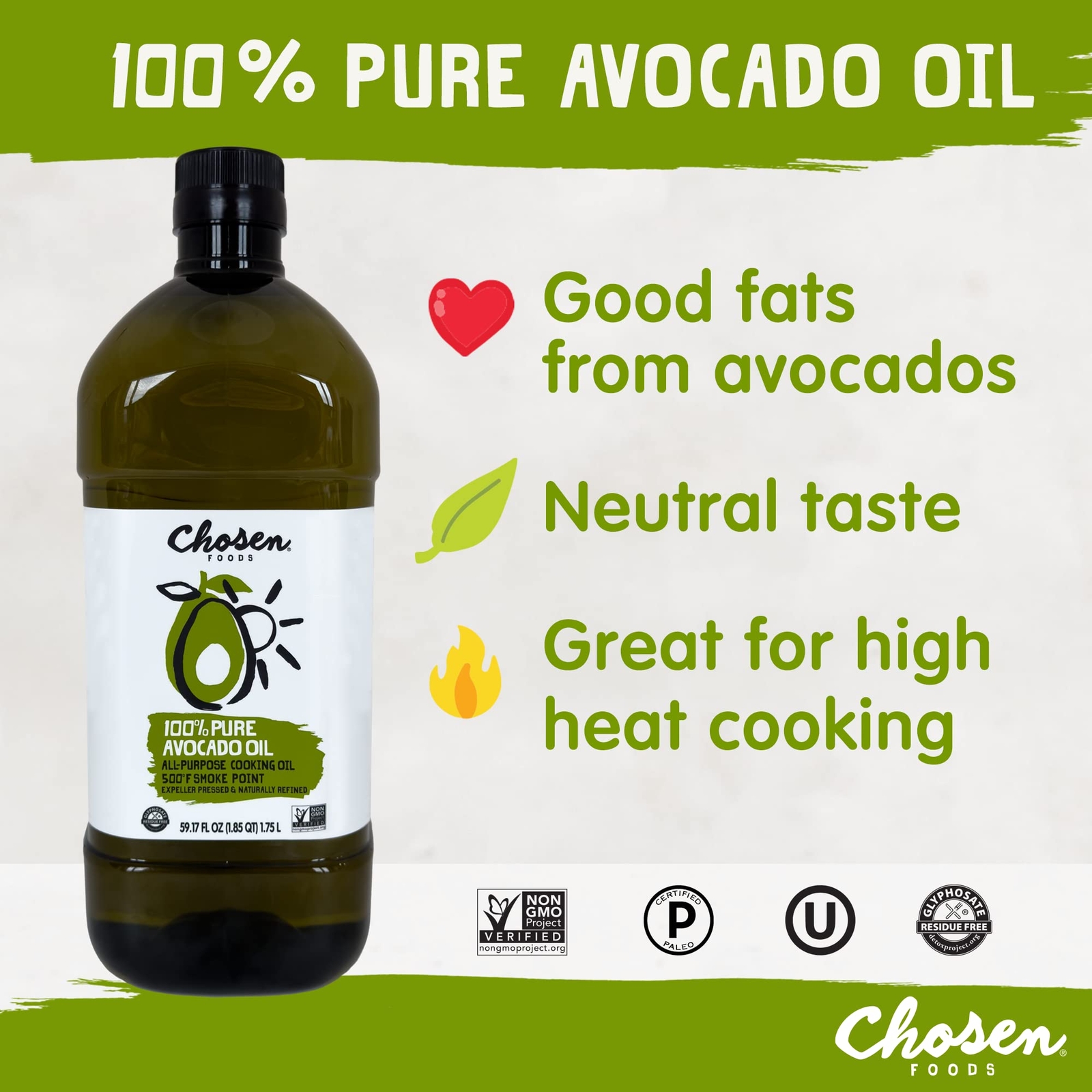 Chosen Foods 100% Pure Avocado Oil, Keto and Paleo Diet Friendly, Kosher Oil for