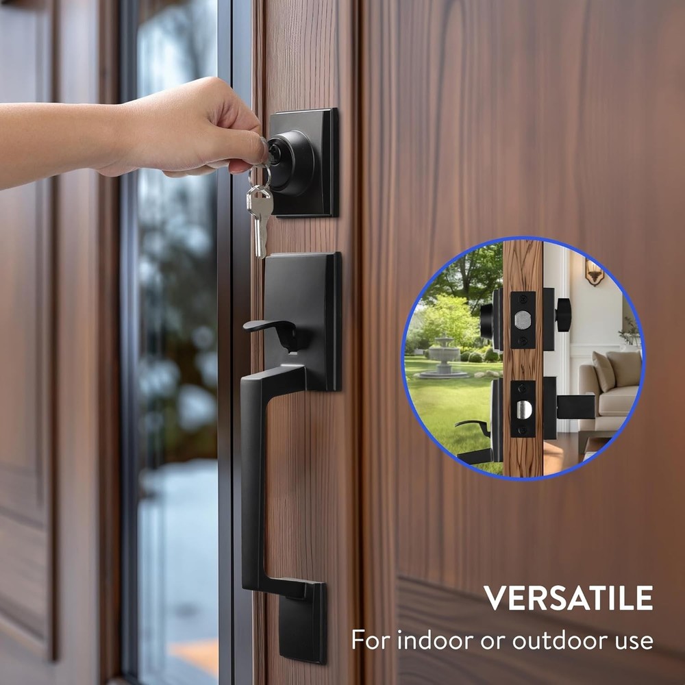 - Front Door Lock and Handle with Deadbolt - Set Includes Installation Template,